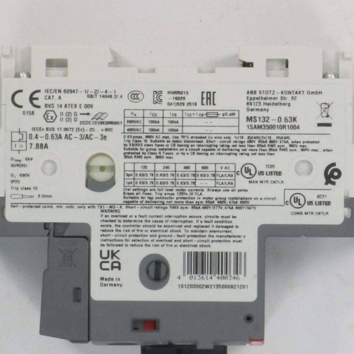 ABB MS132 0.63K Manual Motor Starter-Motor Starter-Used Industrial Parts