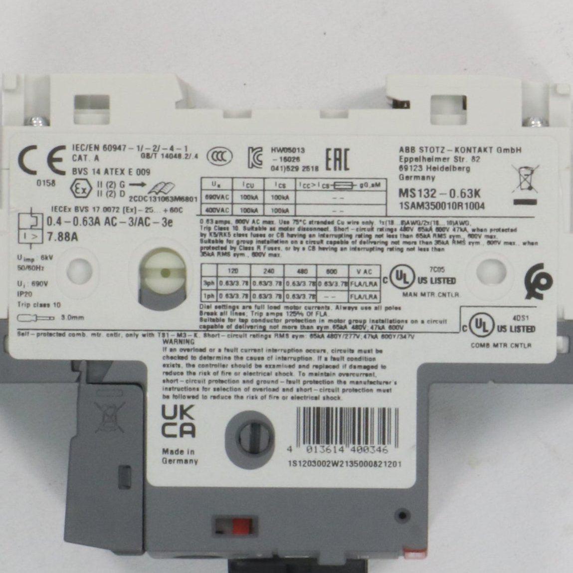 ABB MS132 0.63K Manual Motor Starter-Motor Starter-Used Industrial Parts