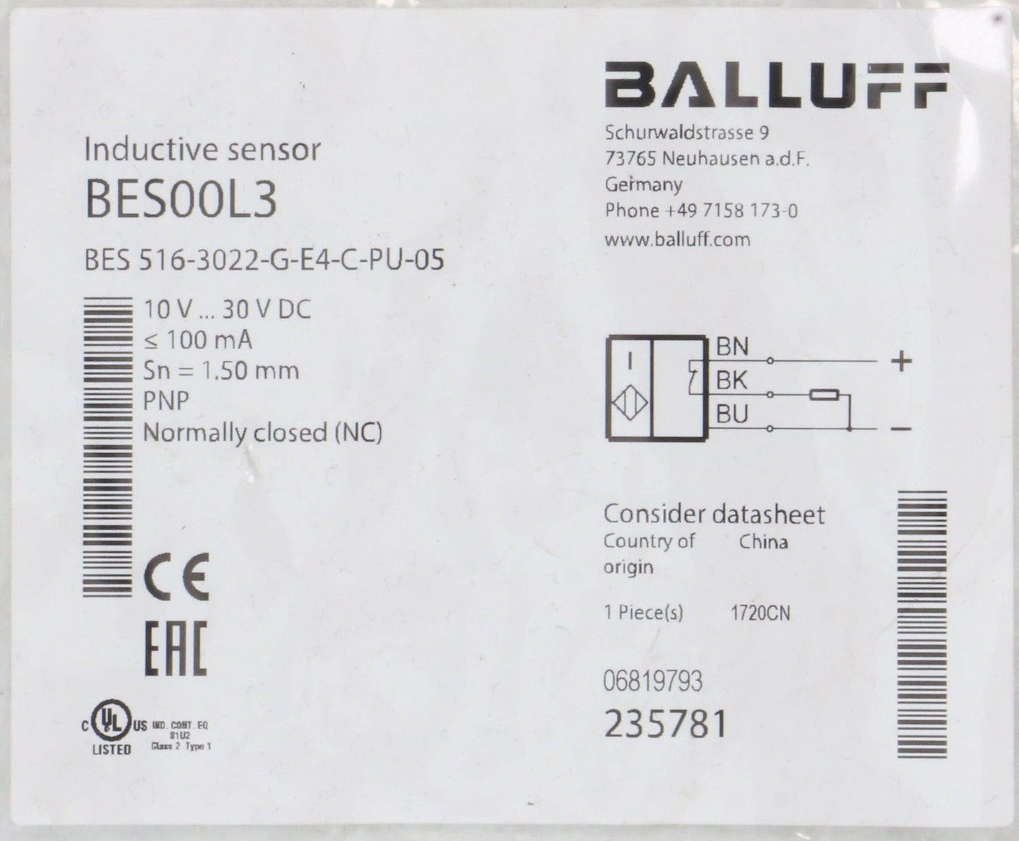 Balluff Inductive Standard Sensor BES 516-3022-G-E4-C-PU-05-Inductive Sensor-Used Industrial Parts
