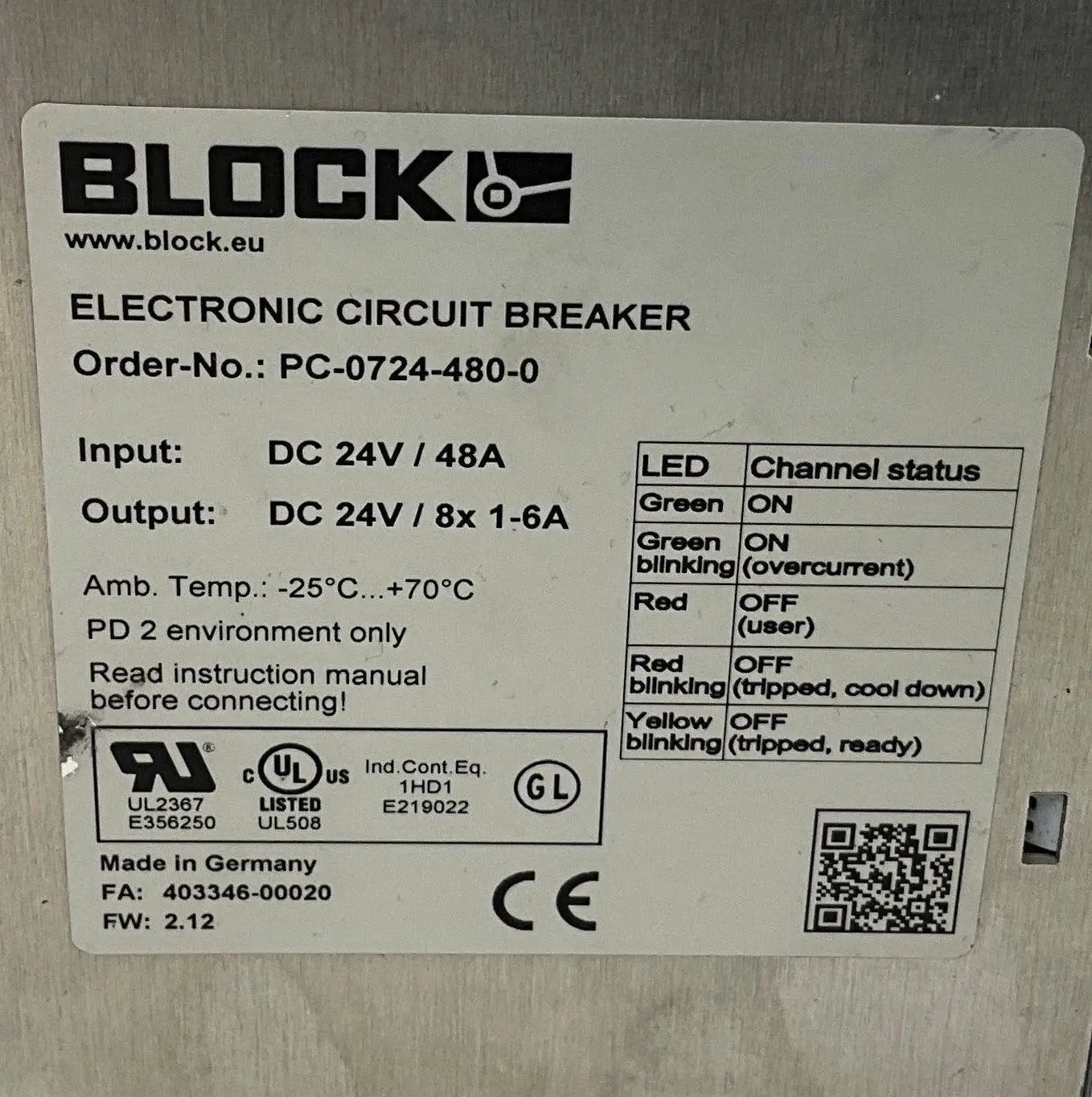 Block PC-0724-480-0 Electronic Circuit Breaker-Electronic Circuit Breaker-Used Industrial Parts