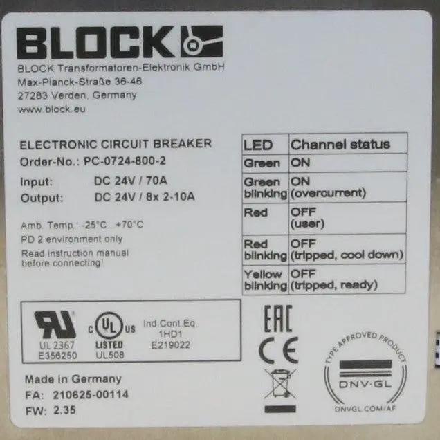Block PC-0724-800-2 Electronic 8-Channel Circuit Breaker-Electronic 8-Channel Circuit Breaker-Used Industrial Parts