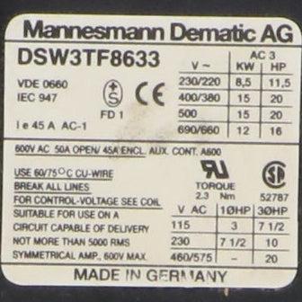 Demag DSW 3TF8633 Reversing Contactor - 220/230V 50Hz-Reversing Contactor-Used Industrial Parts