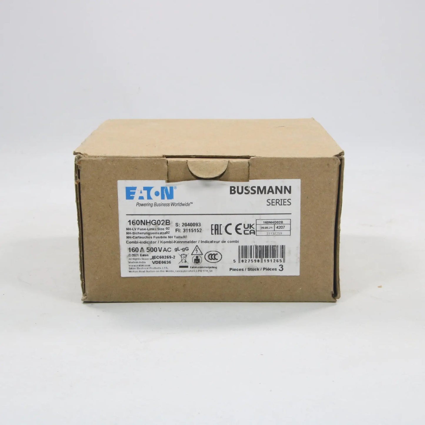 Eaton Bussmann 160NHG02B Fuse x 3-Fuse-Used Industrial Parts
