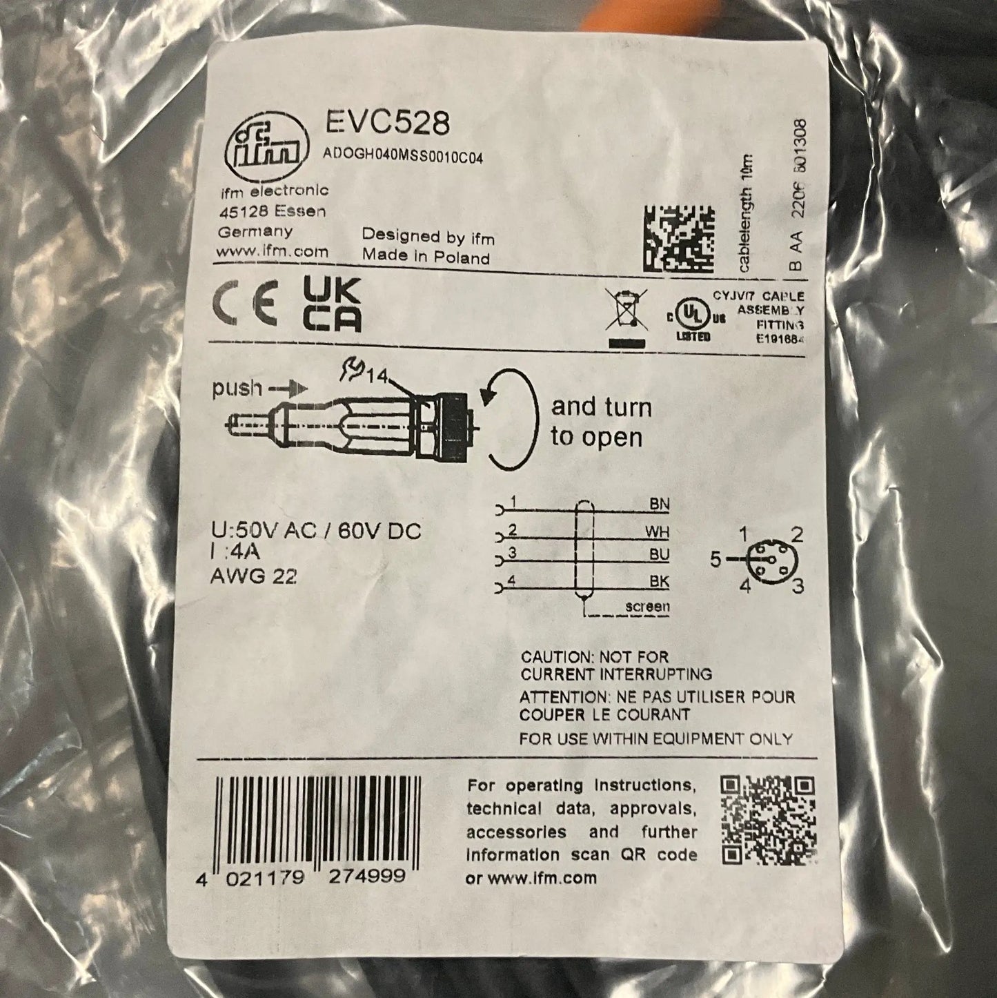 IFM Electronic EVC528 Connecting Cable-Connecting Cable-Used Industrial Parts