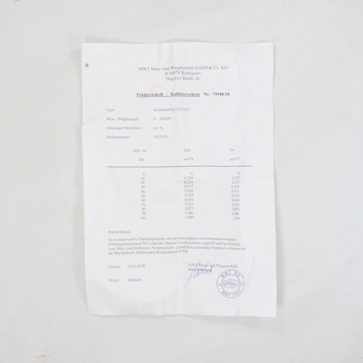 MWT Force Measuring Ring/Load Cell Type 1027 - 1027520-Force Measuring Ring-Used Industrial Parts