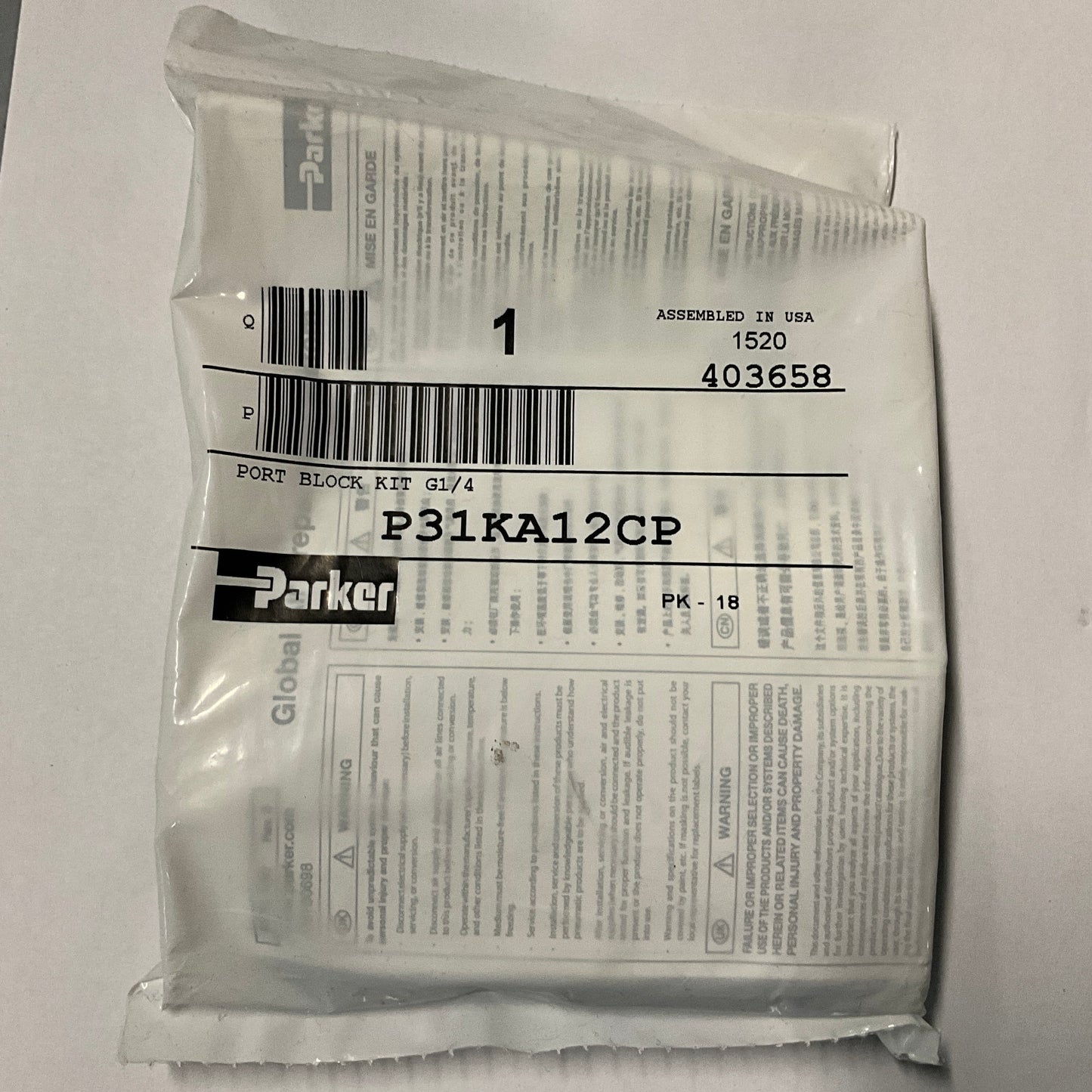 Parker P31KA12CP Mini Port Block Kit-Mini Port Block Kit-Used Industrial Parts