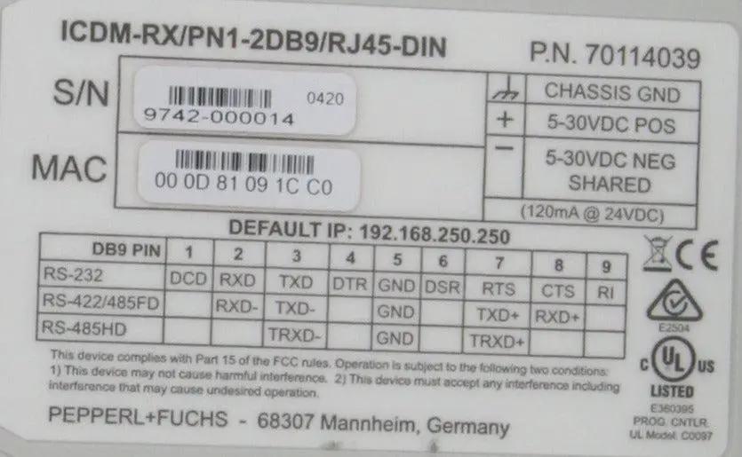 Pepperl + Fuchs ICDM-RX/PN1-2DB9/RJ45-DIN Device Master-Device Master-Used Industrial Parts