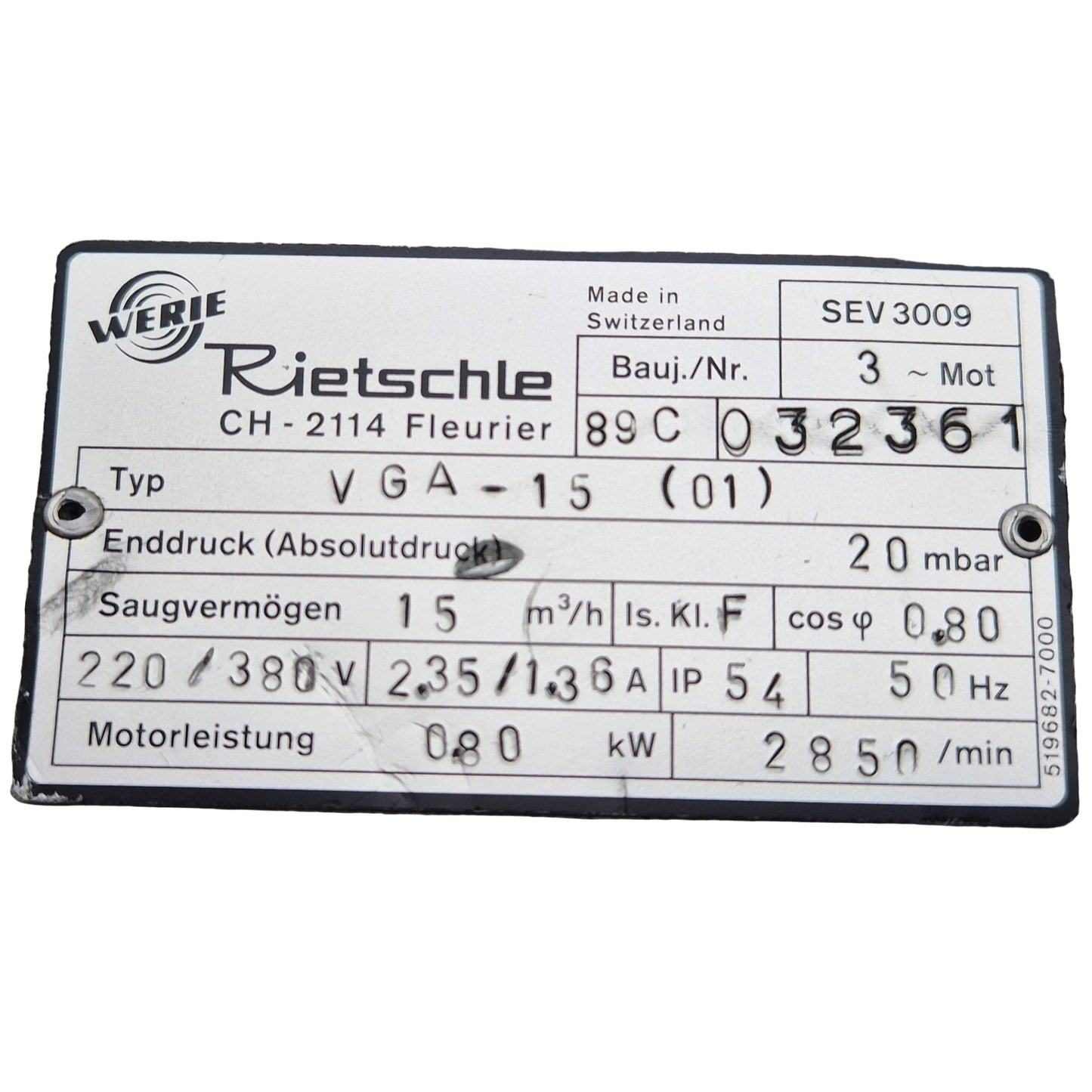 Rietschle Werie VGA-15 Vacuum Pump-Vacuum Pump-Used Industrial Parts
