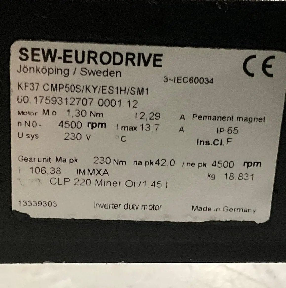 SEW Eurodrive KF37 CMP50S/KY/ES1H/SM1 Gear Motor-Gear Motor-Used Industrial Parts