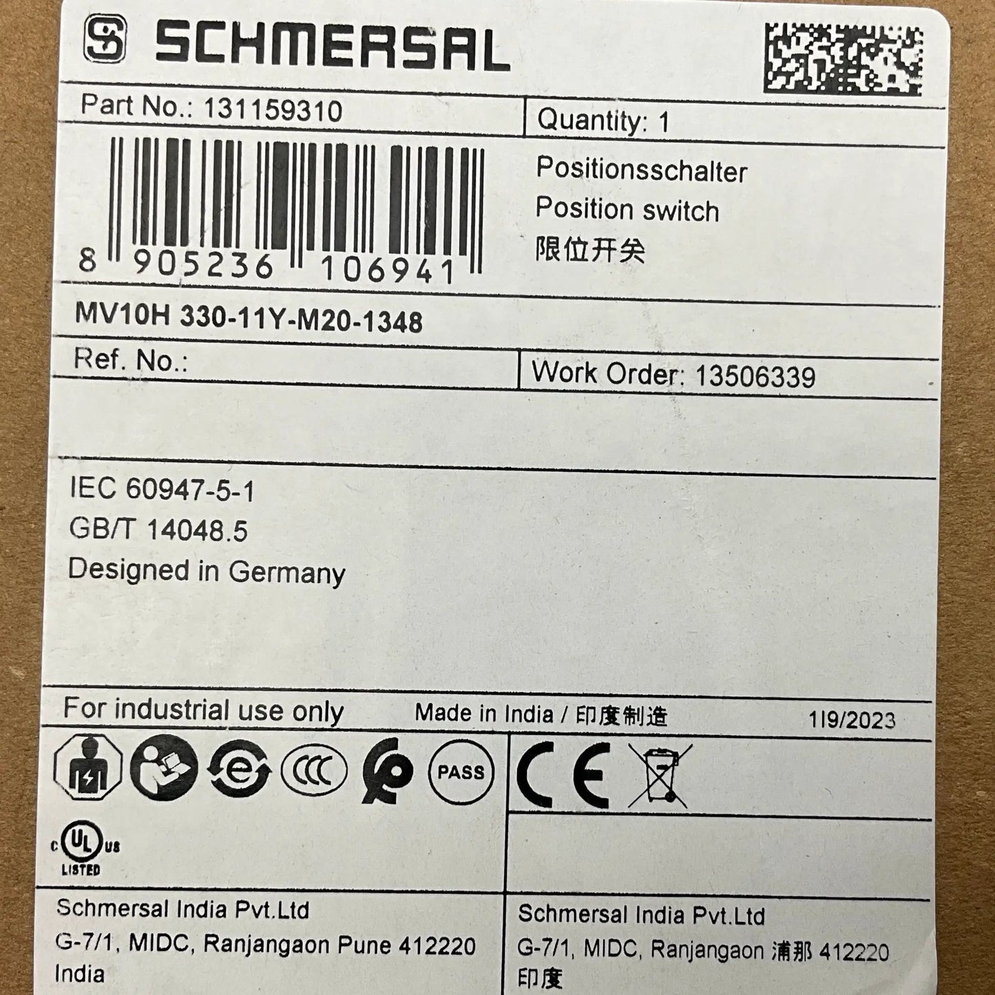 Schmersal MV10H 330-11Y-M20-1348 Roller Lever Position Switch-Roller Lever Position Switch-Used Industrial Parts