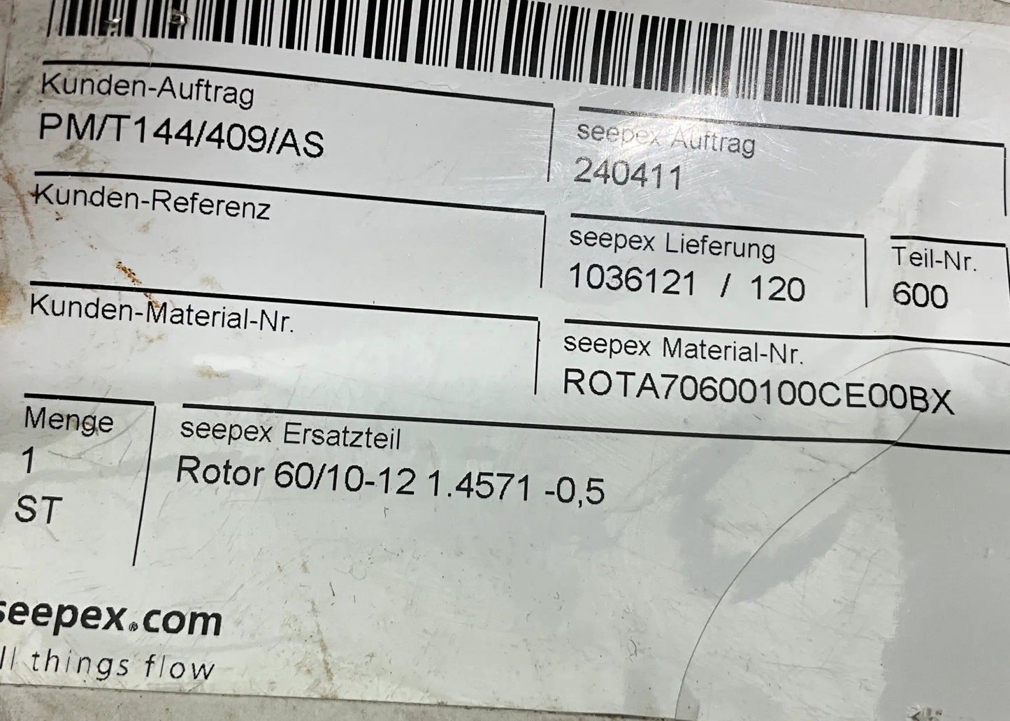 Seepex 60/10-12 Progressive Cavity Pump Rotor-Progressive Cavity Pump Rotor-Used Industrial Parts