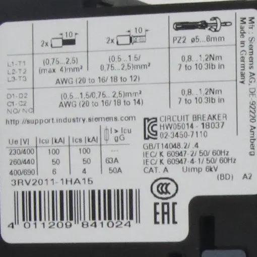 Siemens 3RV2011-1HA15 Motor Circuit Breaker-Motor Circuit Breaker-Used Industrial Parts