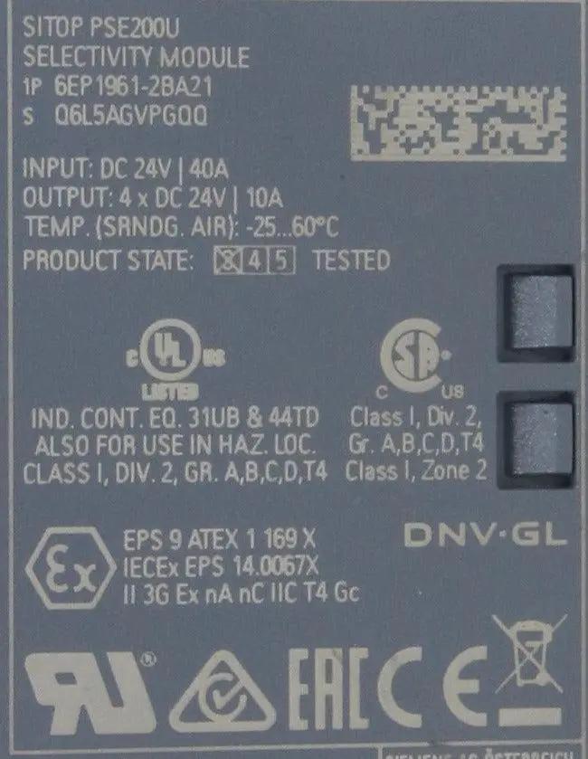 Siemens 6EP1961-2BA21 Sitop PSE200U Selectivity Module-Selectivity Module-Used Industrial Parts