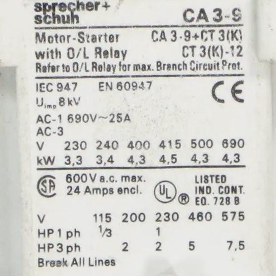 Sprecher + Schuh CA 3-9 + CT 3(K) Motor Starter/Contactor 230V-Motor Starter/Contactor-Used Industrial Parts
