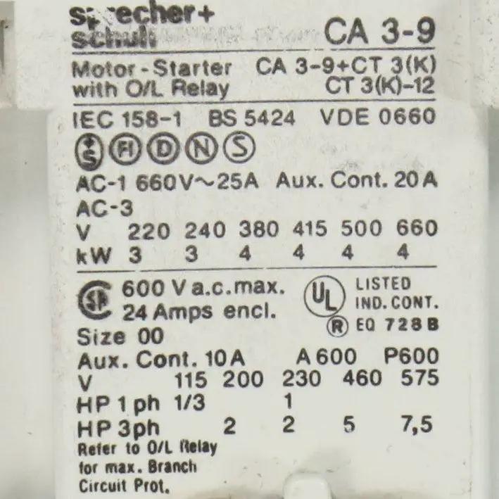 Sprecher + Schuh CA 3-9 + CT 3(K) Motor Starter/Contactor 48V-Motor Starter/Contactor-Used Industrial Parts