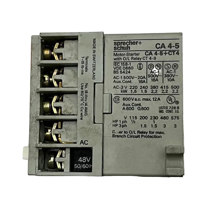 Sprecher + Schuh CA 4-5+CT4 Motor Starter with O/L Relay CT4-9-Motor Starter with O/L Relay-Used Industrial Parts