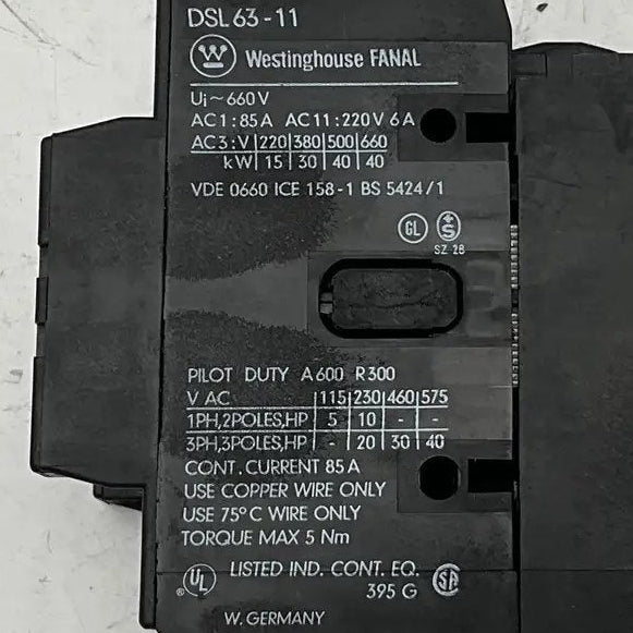 Westinghouse Fanal DSL 63-11 Industrial Contactor-Industrial Contactor-Used Industrial Parts