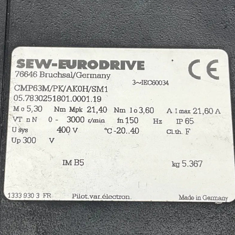 SEW Eurodrive Synchronous AC Servo Motor: SEW Eurodrive CMP63M/PK/AK0H/SM1 Servo Motor