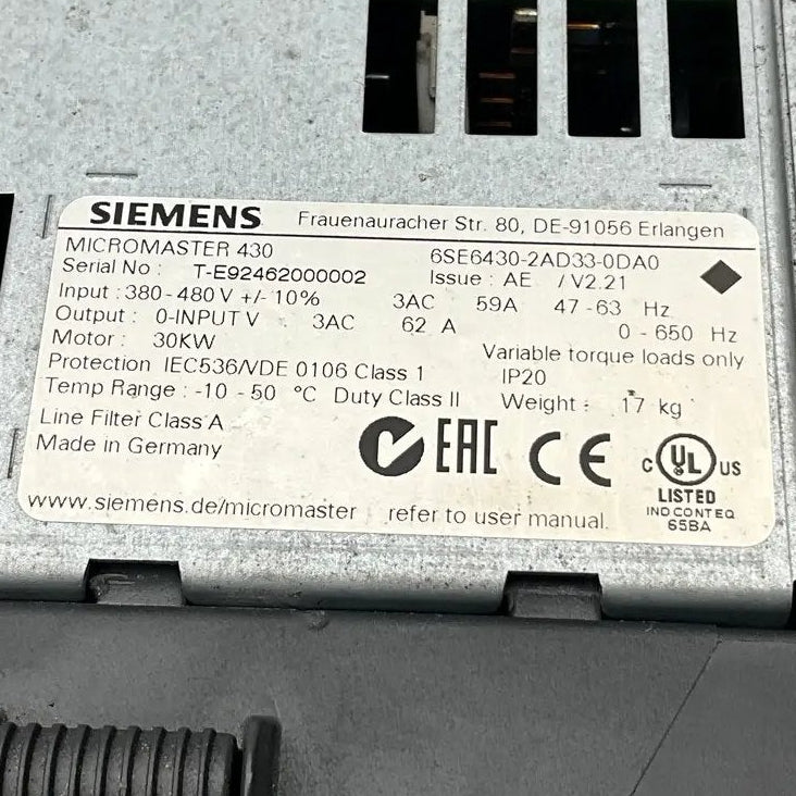 Used Industrial Parts : Siemens Micromaster 430 Frequency Inverter - 6SE6430-2AD33-0DA0