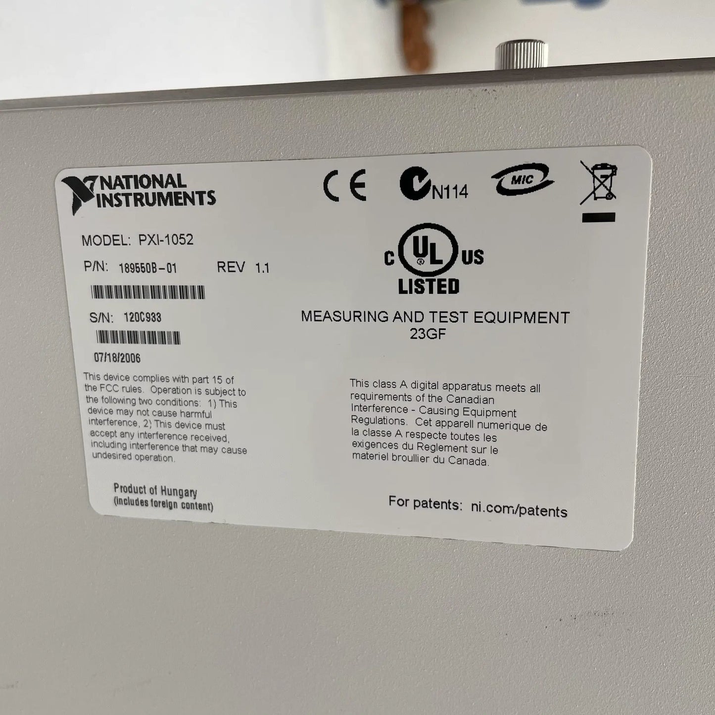 National Instruments Corporation NI PXI 1052 PXI Chassis-Electric Components-Used Industrial Parts