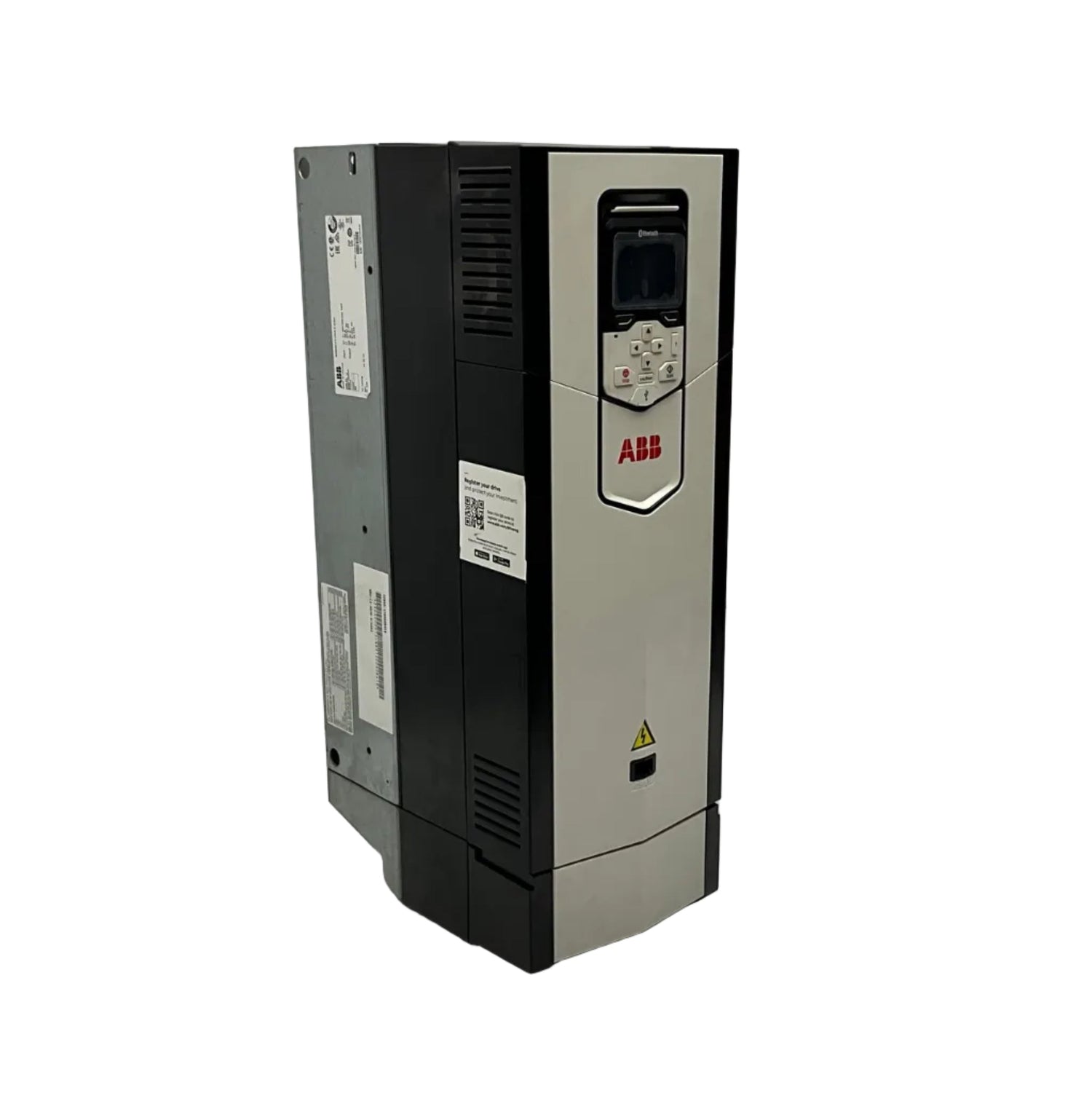 ABB servo drive with front panel, display and keypad for industrial automation.
