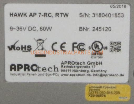 Aprotech Hawk AP 7-RC Panel PC-Panel PC-AC-04-07-01-Used Industrial Parts