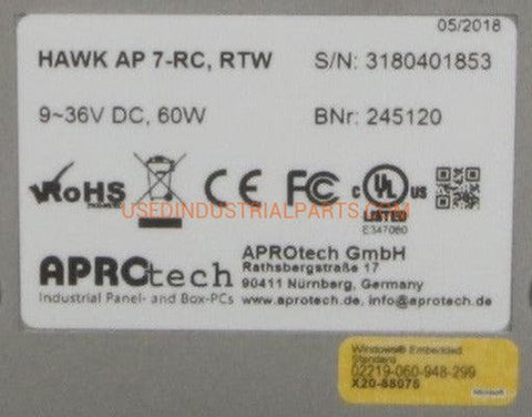 Image of Aprotech Hawk AP 7-RC Panel PC-Panel PC-AC-04-07-01-Used Industrial Parts