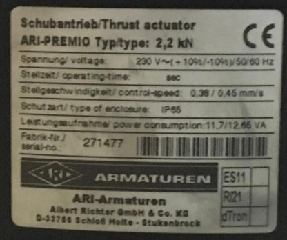 Armaturen Ari-Premio 2.2kN Thrust Actuator - DN65-Thrust Actuator-Used Industrial Parts