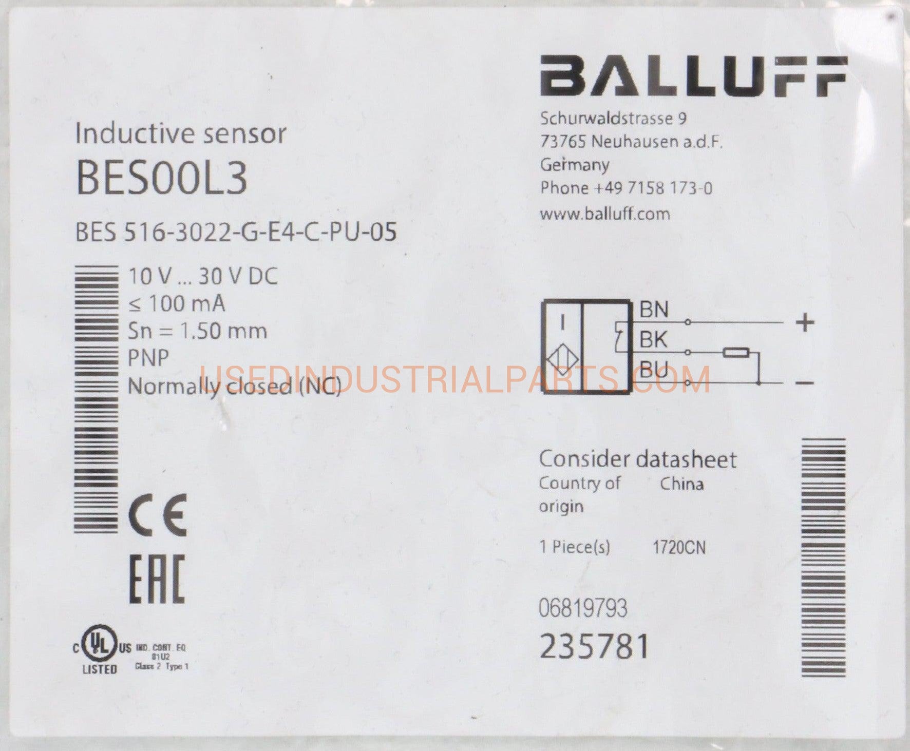 Balluff Inductive Standard Sensor BES 516-3022-G-E4-C-PU-05-Inductive Sensor-AB-06-08-Used Industrial Parts