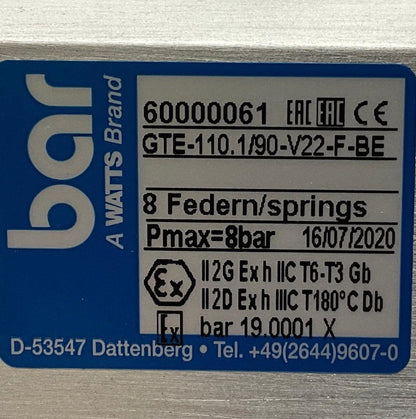 Bar GmbH GTE-110.1/90-V22-F-BE Pneumatic Twin Piston Actuator-Pneumatic Twin Piston Actuator-Used Industrial Parts