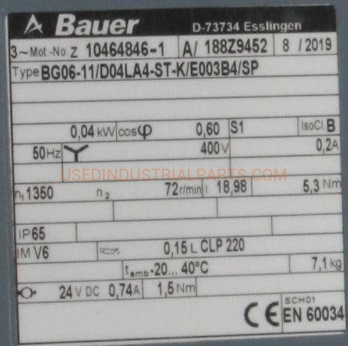 Bauer Gear Motor BG06-11/D04LA4-ST-K/E003B4/SP-Gear Motor-AC-03-01-Used Industrial Parts