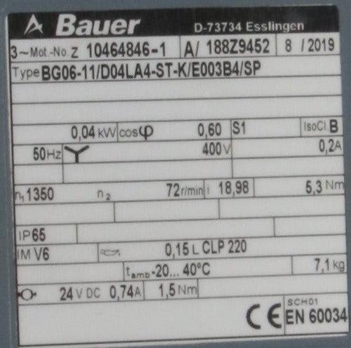 Bauer Gear Motor BG06-11/D04LA4-ST-K/E003B4/SP-Gear Motor-Used Industrial Parts