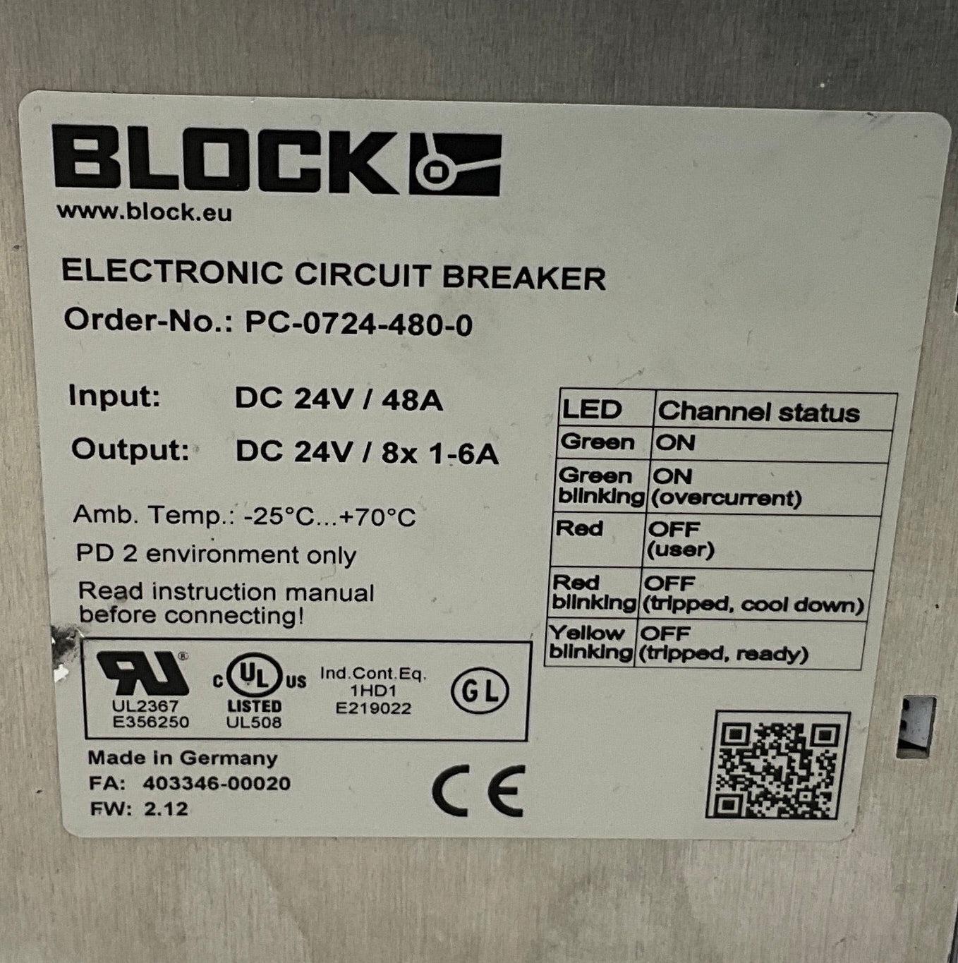 Block PC-0724-480-0 Electronic Circuit Breaker-Electronic Circuit Breaker-Used Industrial Parts