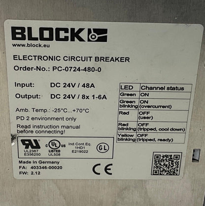 Block PC-0724-480-0 Electronic Circuit Breaker-Electronic Circuit Breaker-Used Industrial Parts