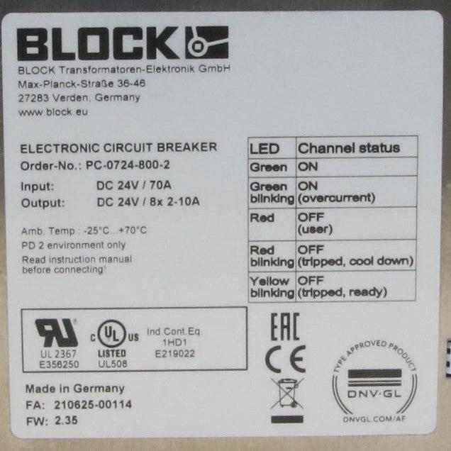Block PC-0724-800-2 Electronic 8-Channel Circuit Breaker-Electronic 8-Channel Circuit Breaker-Used Industrial Parts