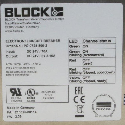 Block PC-0724-800-2 Electronic 8-Channel Circuit Breaker-Electronic 8-Channel Circuit Breaker-Used Industrial Parts
