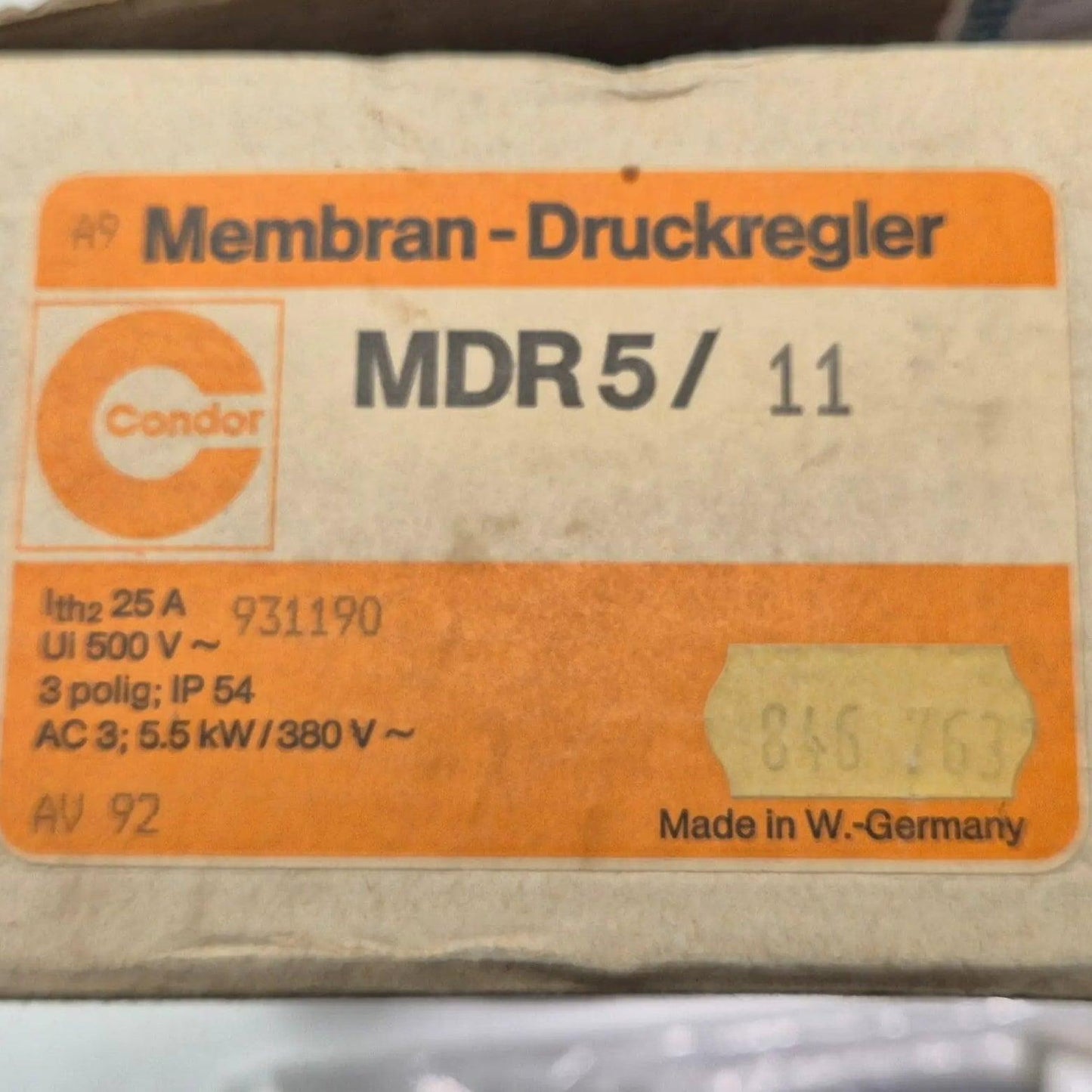 Condor MDR 5/11 Three Phase Mechanical Pressure Switch-Three Phase Mechanical Pressure Switch-Used Industrial Parts