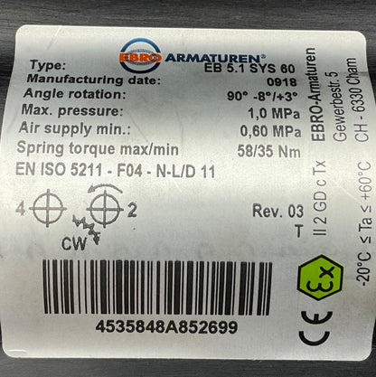 EBRO Armaturen EB 5.1 SYS 60 Pneumatic Actuator with Switch Box-Pneumatic Actuator with Switch Box-Used Industrial Parts