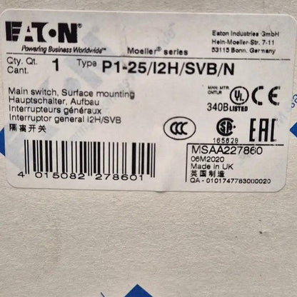 Eaton P1-25/I2H/SVB/N Main Switch-Main Switch-Used Industrial Parts