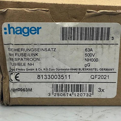 Hager LNH0063M HRC LV Fuse x 3pcs.-HRC LV Fuse-Used Industrial Parts