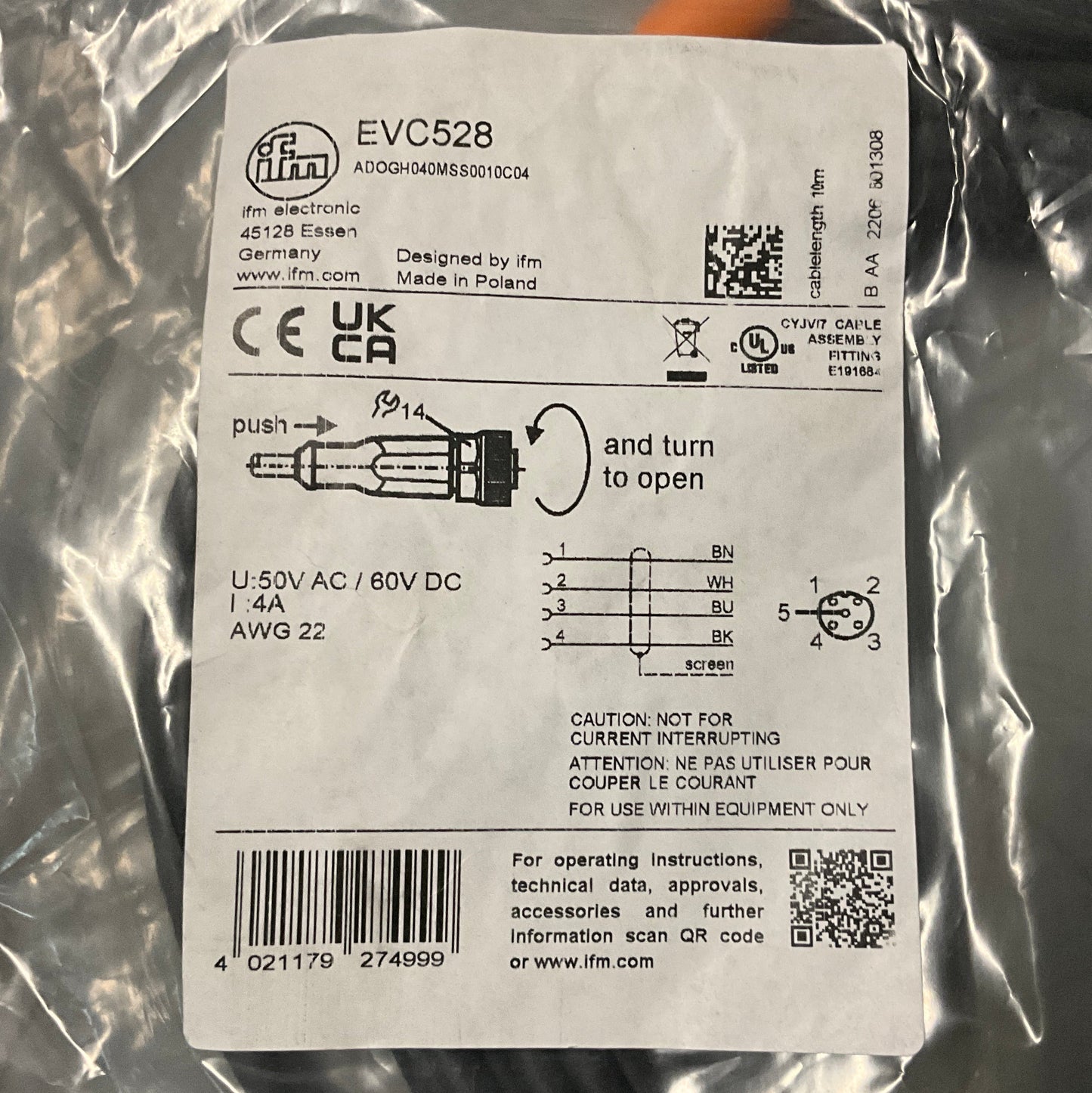 IFM Electronic EVC528 Connecting Cable-Connecting Cable-Used Industrial Parts