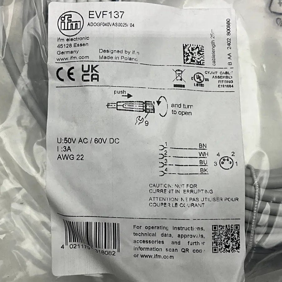 IFM Electronic EVF137 Connecting Cable with Socket-Connecting Cable with Socket-Used Industrial Parts