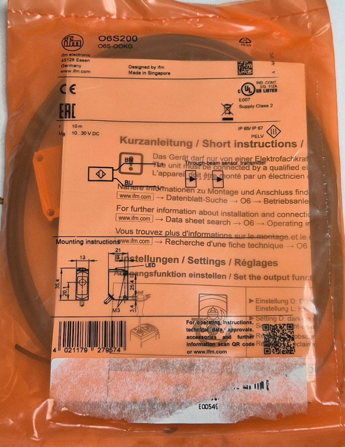 IFM Electronic O6S200 Through-Beam Sensor Transmitter - O6S-OOKG-Through-Beam Sensor Transmitter-Used Industrial Parts