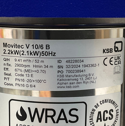 KSB Movitec V 10/6 B High-Pressure Inline Centrifugal Pump-Vertical Multistage Centrifugal Pump-Used Industrial Parts