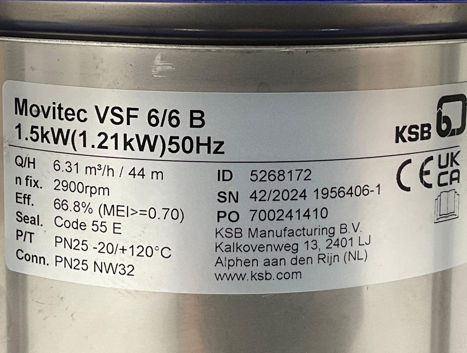 KSB Movitec VSF 6/6 B High-Pressure Inline Centrifugal Pump-Vertical Multistage Centrifugal Pump-Used Industrial Parts