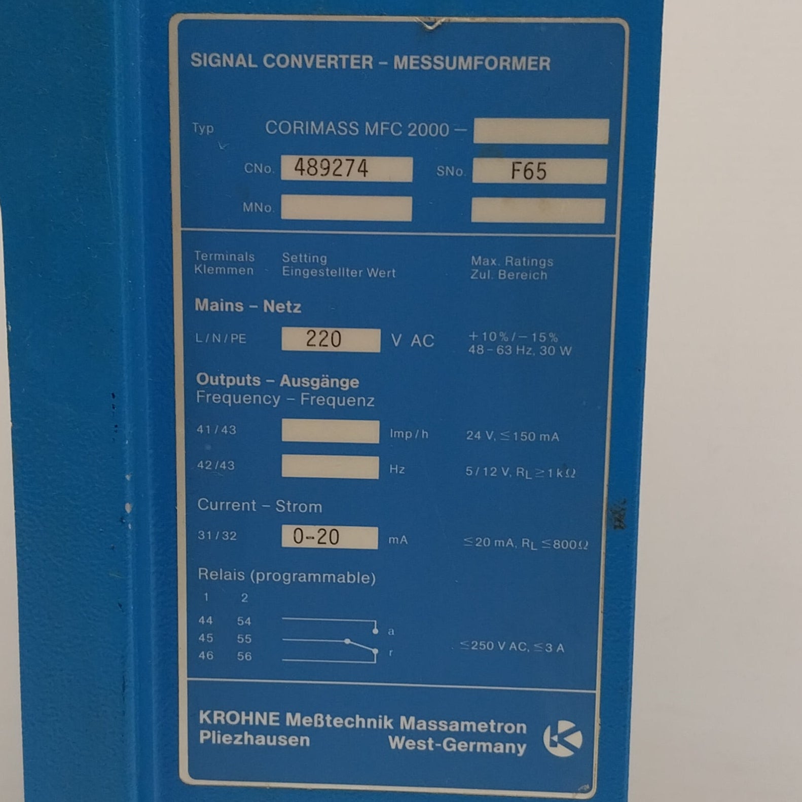 Krohne Corimass MFC 2000 Mass Flow Signal Converter-Mass Flow Signal Converter-Used Industrial Parts