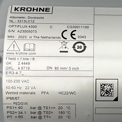 Krohne Optiflux 4300 CG 30011100 Electromagnetic Flowmeter-Electromagnetic Flowmeter-Used Industrial Parts