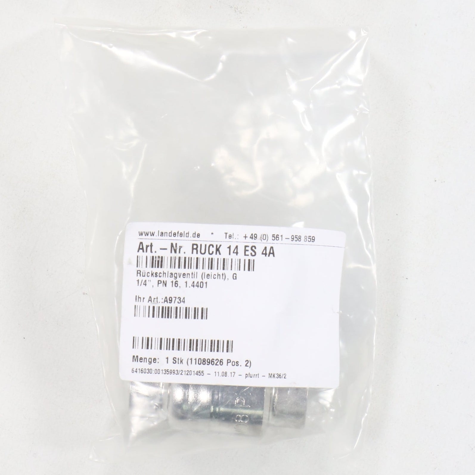 Landefeld Ruck 14 ES 4A Check Valve-Check Valve-Used Industrial Parts
