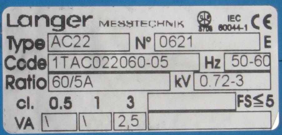 Langer Messtechnik Current Measuring Transformer AC22-Current Measuring Transformer-AB-03-02-Used Industrial Parts