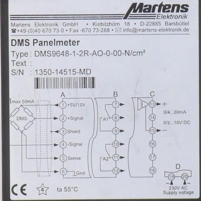 Martens Elektronik DMS9648-1-2R-AO-0-00-N/cm2 Signal Panel Meter-Signal Panel Meter-Used Industrial Parts